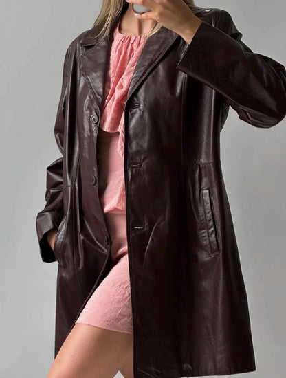 Burgundy Leather Trench Coat, Wool Blend, Women's Straight Cut