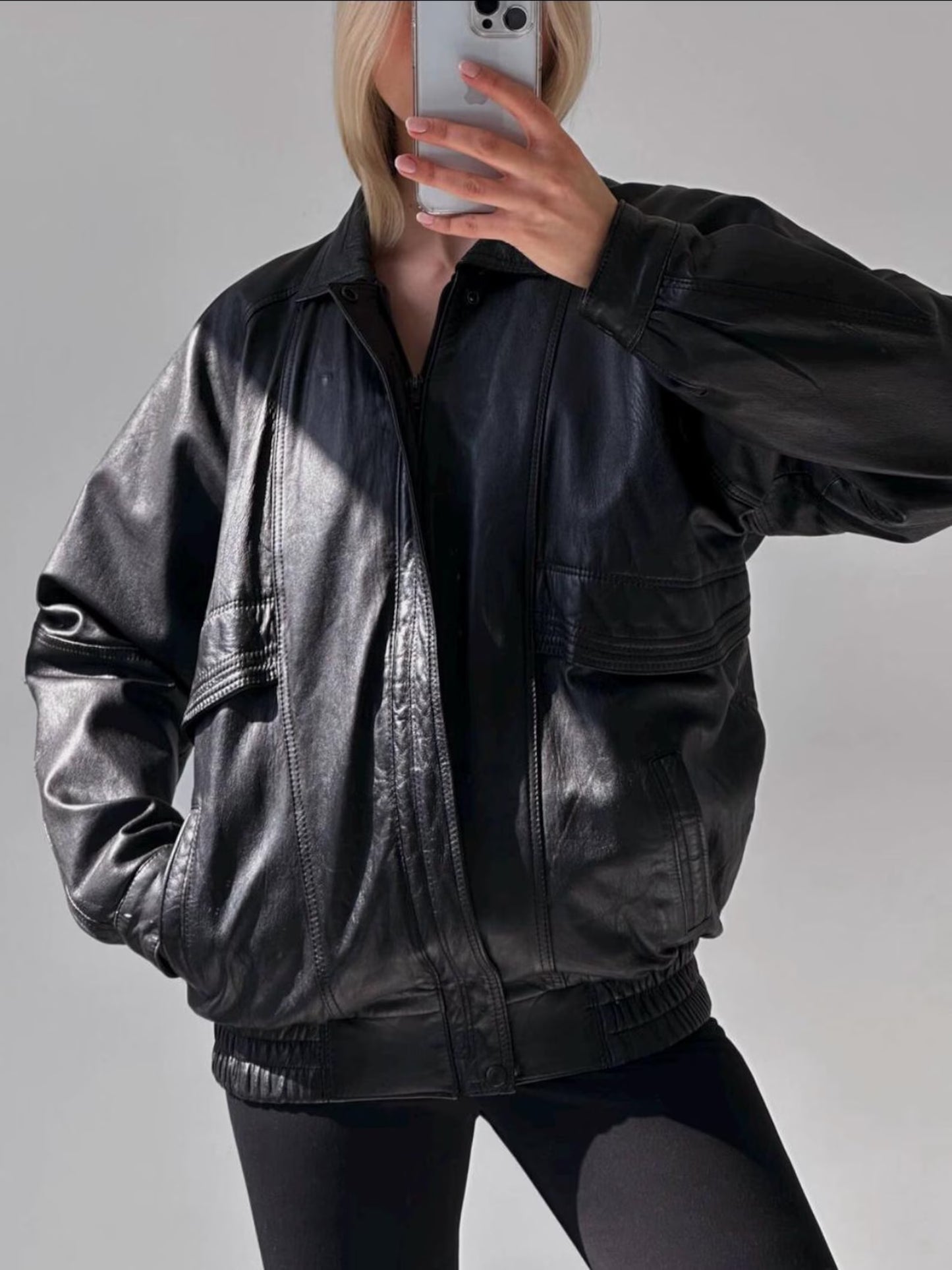 Oversized Black Leather Bomber Jacket: Women's Full Grain Sheep Leather