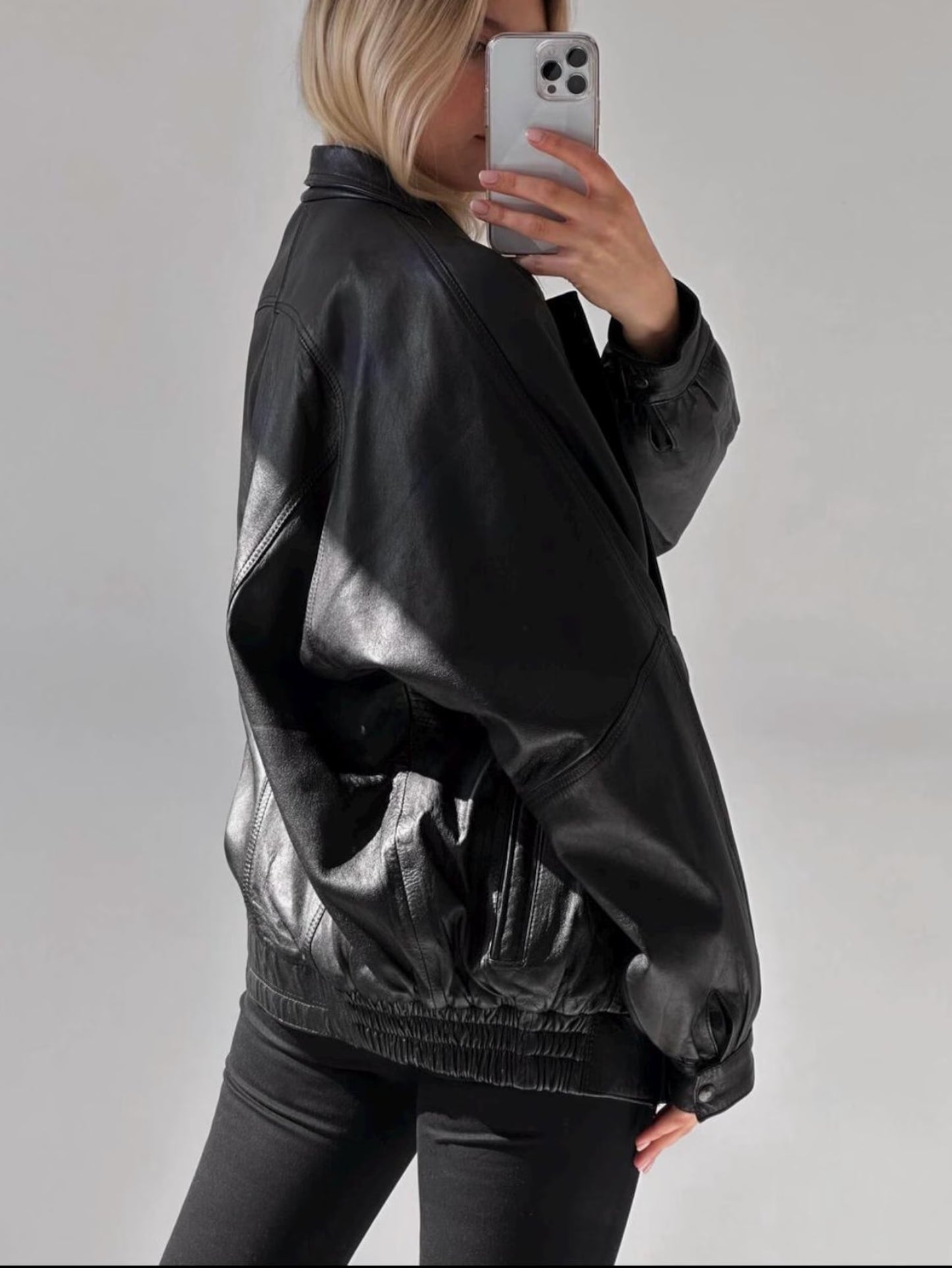 Oversized Black Leather Bomber Jacket: Women's Full Grain Sheep Leather