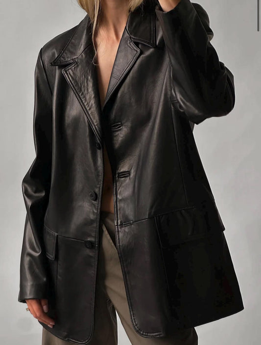 Black Leather Blazer Coat: Straight Cut, Button Closure
