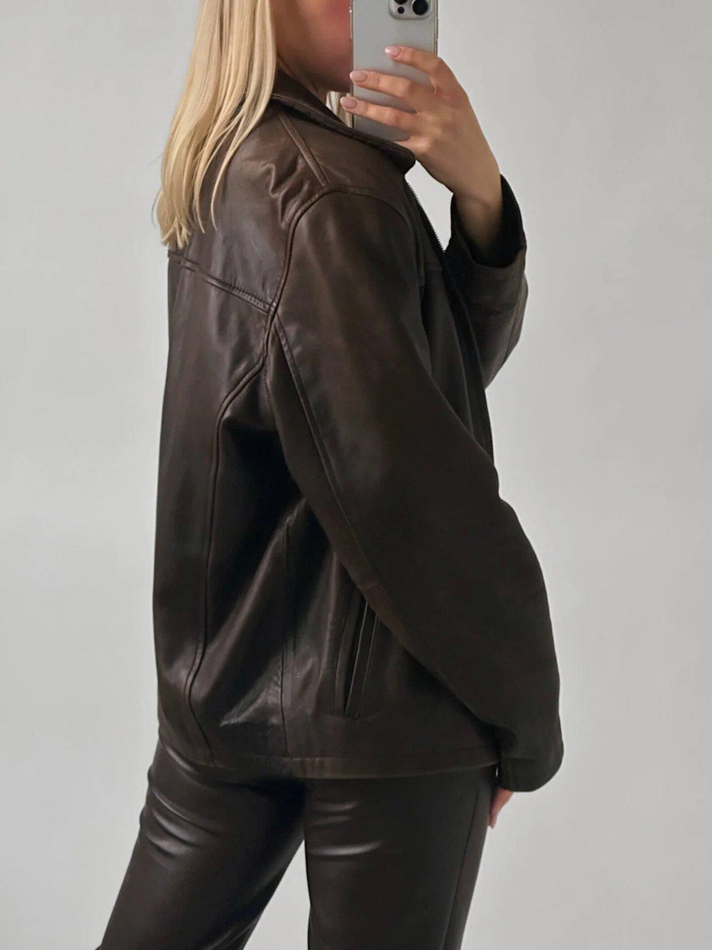 Oversized Brown Leather Bomber Jacket: Women's Soft Sheep Leather
