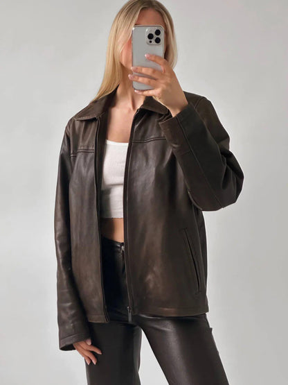 Oversized Brown Leather Bomber Jacket: Women's Soft Sheep Leather