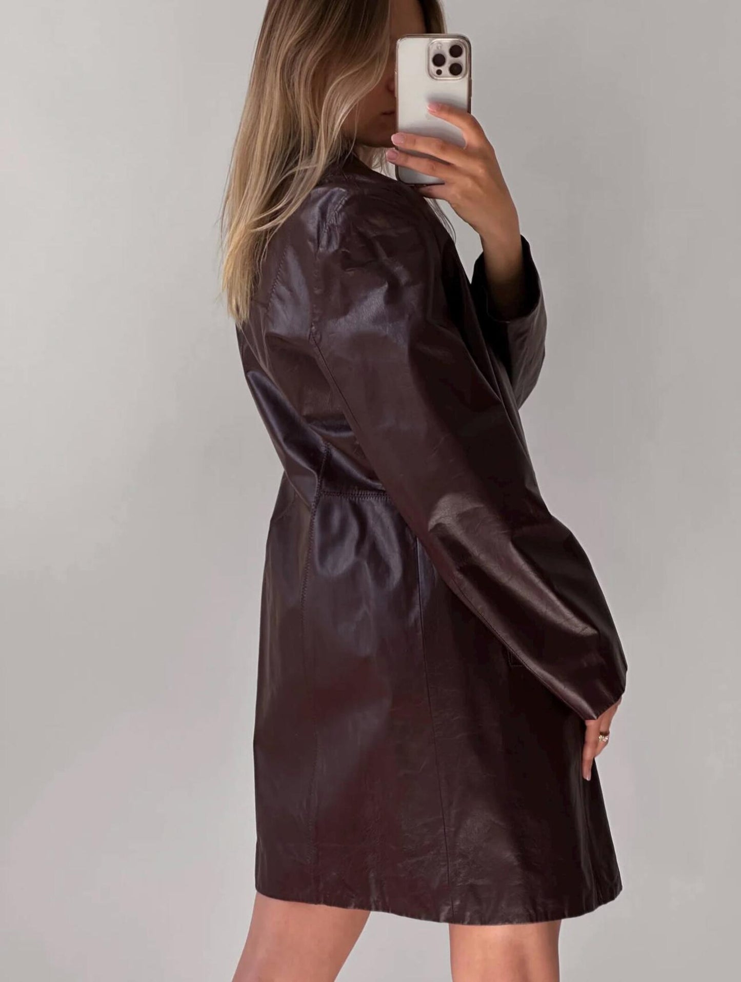 Burgundy Leather Trench Coat, Wool Blend, Women's Straight Cut