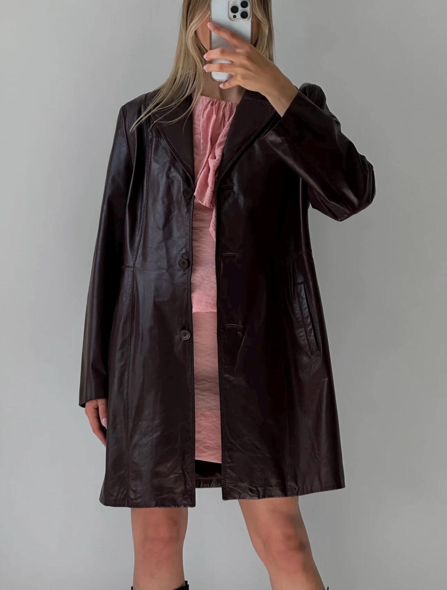 Burgundy Leather Trench Coat, Wool Blend, Women's Straight Cut