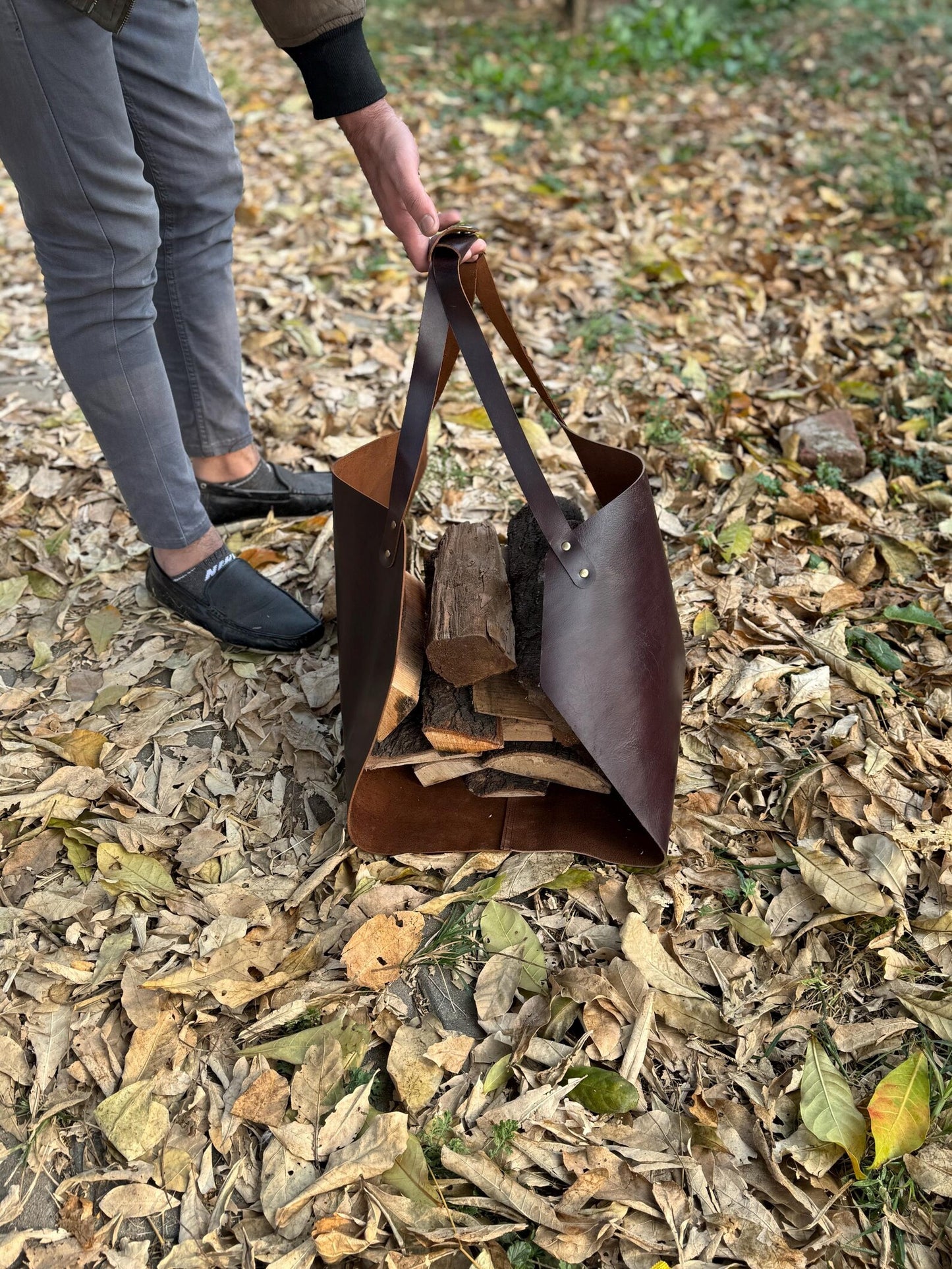 Personalized Leather Log Carrier | Firewood Tote Bag, Winter Storage