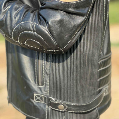 Handmade Black Moto Leather Jacket: Striped Sheepskin Biker Jacket