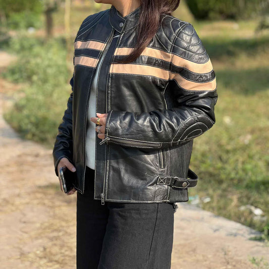 Handmade Black Moto Leather Jacket: Striped Sheepskin Biker Jacket