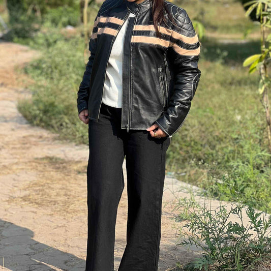 Handmade Black Moto Leather Jacket: Striped Sheepskin Biker Jacket