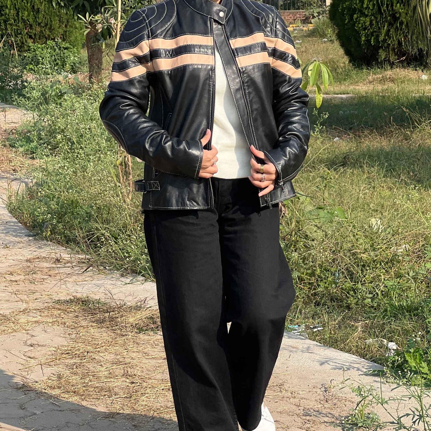 Handmade Black Moto Leather Jacket: Striped Sheepskin Biker Jacket