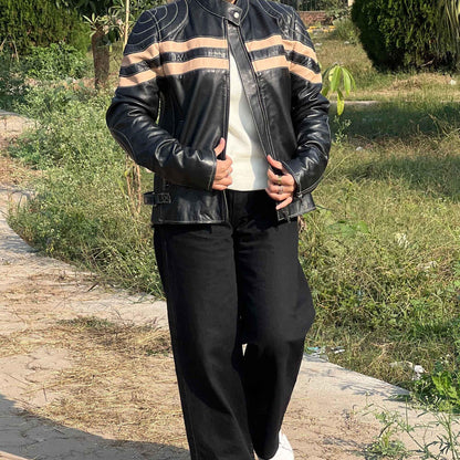 Handmade Black Moto Leather Jacket: Striped Sheepskin Biker Jacket