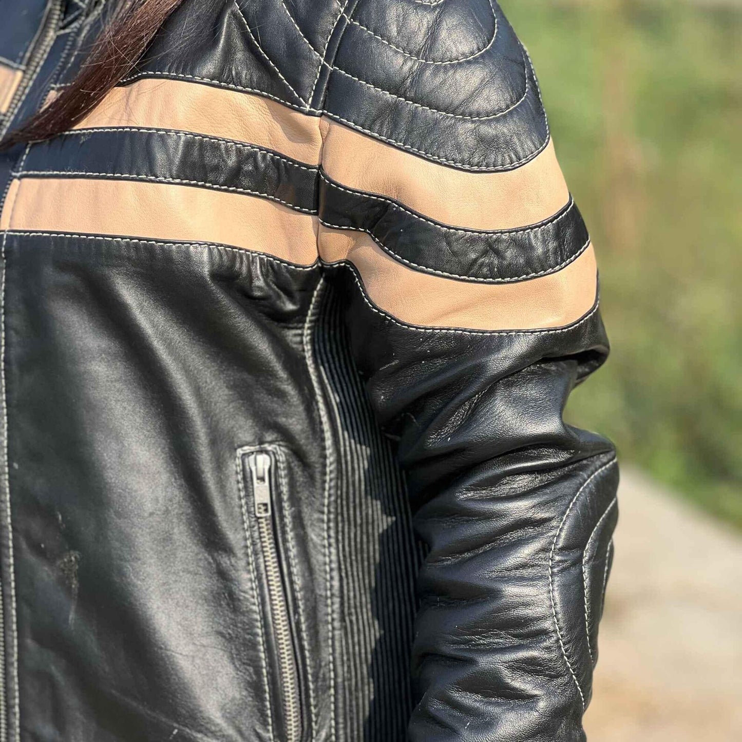Handmade Black Moto Leather Jacket: Striped Sheepskin Biker Jacket