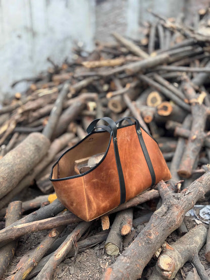 Personalized Leather Log Carrier: Crazy Horse Firewood Tote