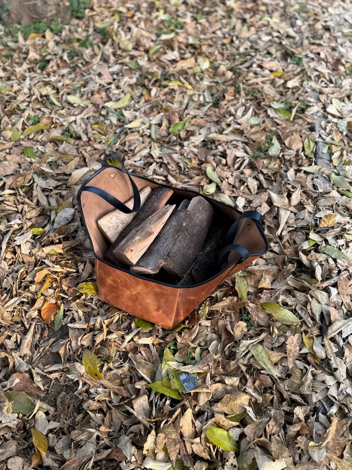 Personalized Leather Log Carrier: Crazy Horse Firewood Tote