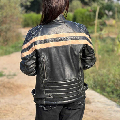 Handmade Black Moto Leather Jacket: Striped Sheepskin Biker Jacket