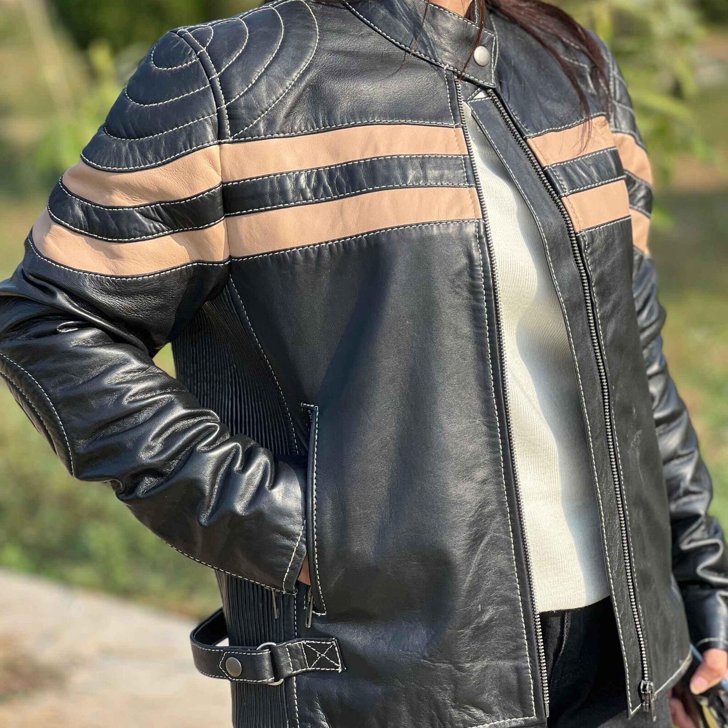 Handmade Black Moto Leather Jacket: Striped Sheepskin Biker Jacket