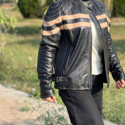 Handmade Black Moto Leather Jacket: Striped Sheepskin Biker Jacket