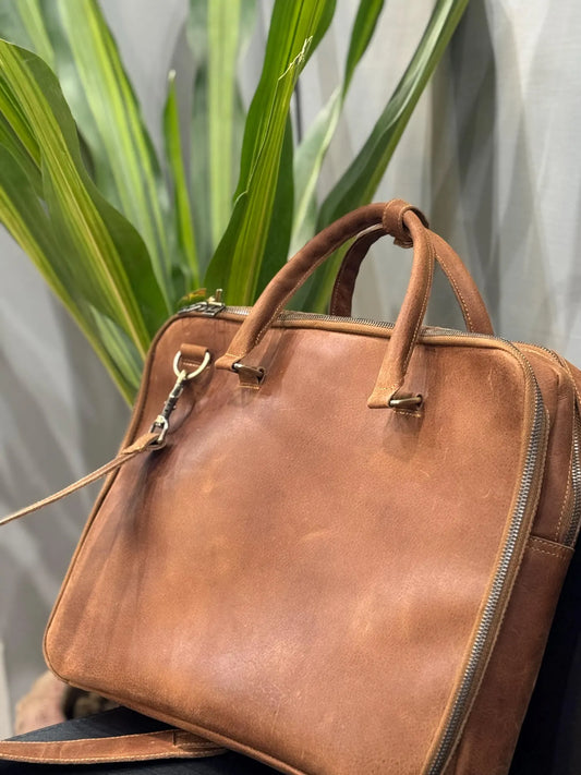 Handmade Personalized Brown Leather Laptop Bag: Rustic Messenger Portfolio