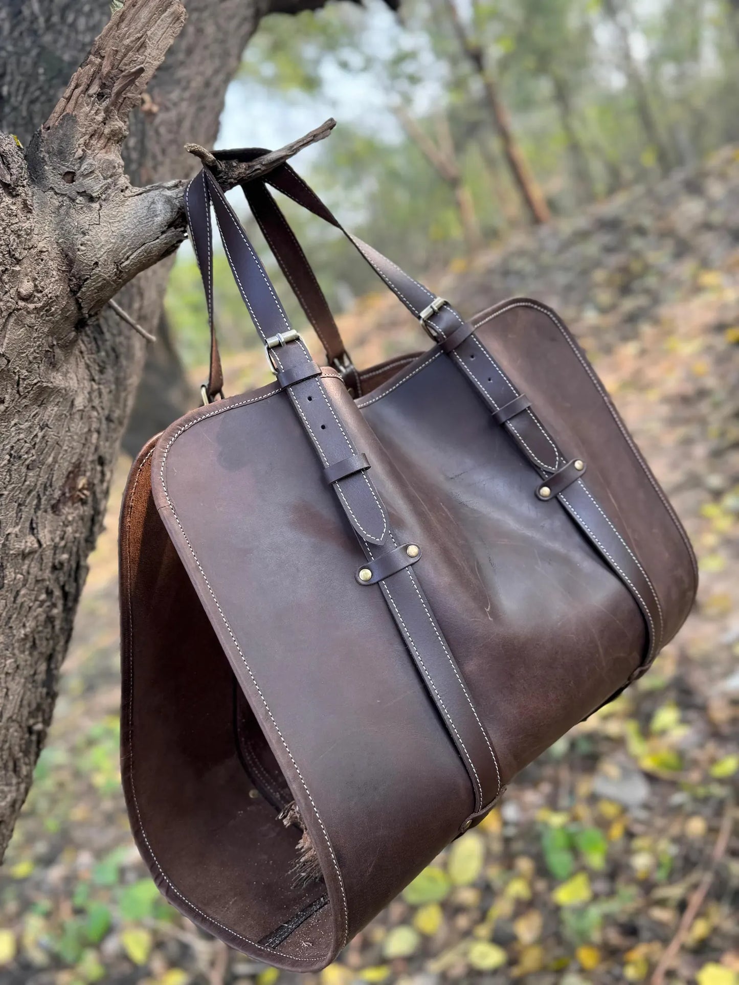 Personalized Leather Log Carrier | Brown Crazy Horse Tote Bag