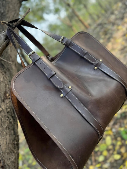Personalized Leather Log Carrier | Brown Crazy Horse Tote Bag