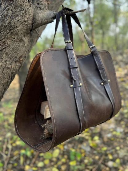 Personalized Leather Log Carrier | Brown Crazy Horse Tote Bag