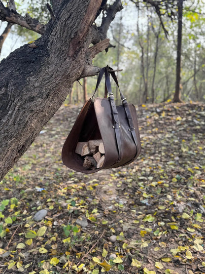 Personalized Leather Log Carrier | Brown Crazy Horse Tote Bag