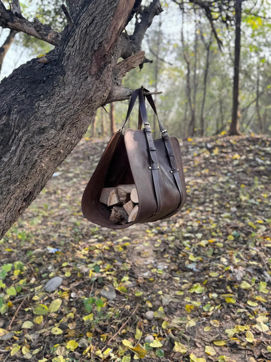 Personalized Leather Log Carrier | Brown Crazy Horse Tote Bag