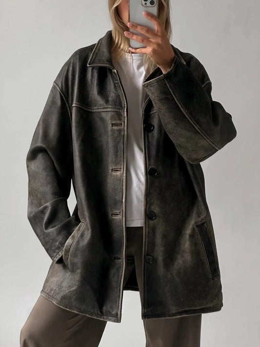Acid Wash Vintage Leather Long Coat - High Grain Real Leather
