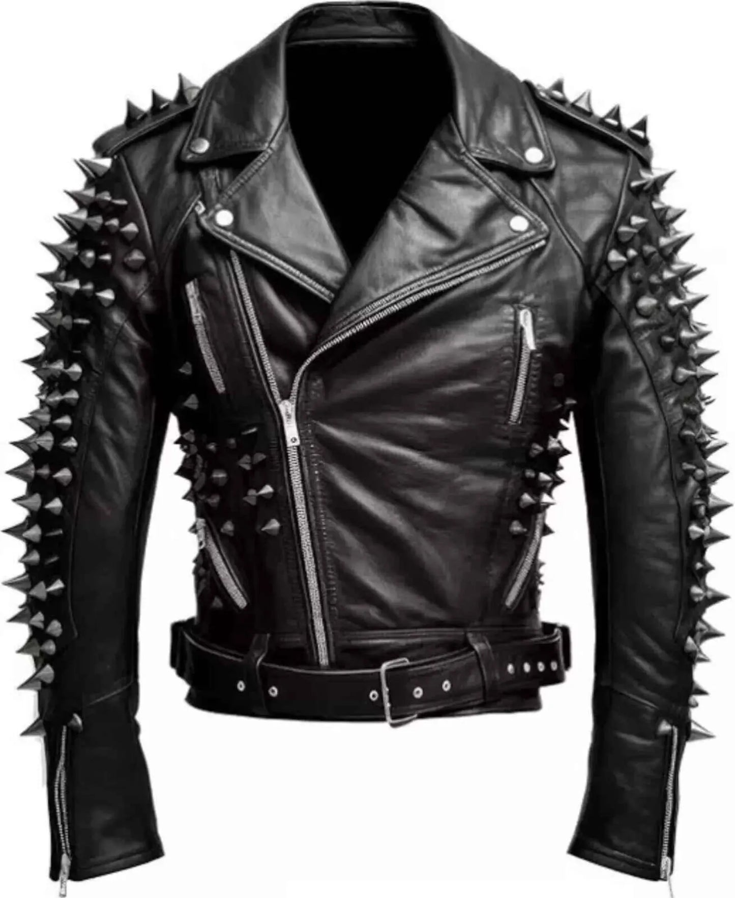 Men's Studded Cowhide Leather Biker Jacket: Steampunk Rocker Style