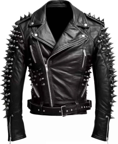 Men's Studded Cowhide Leather Biker Jacket: Steampunk Rocker Style