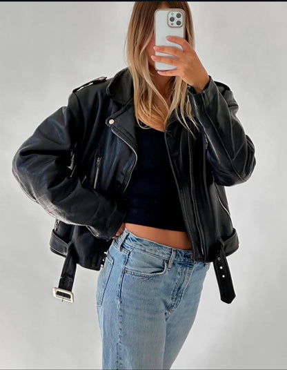 Women's Black Sheepskin Moto Jacket: Classic Biker Style