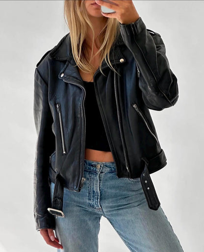 Women's Black Sheepskin Moto Jacket: Classic Biker Style