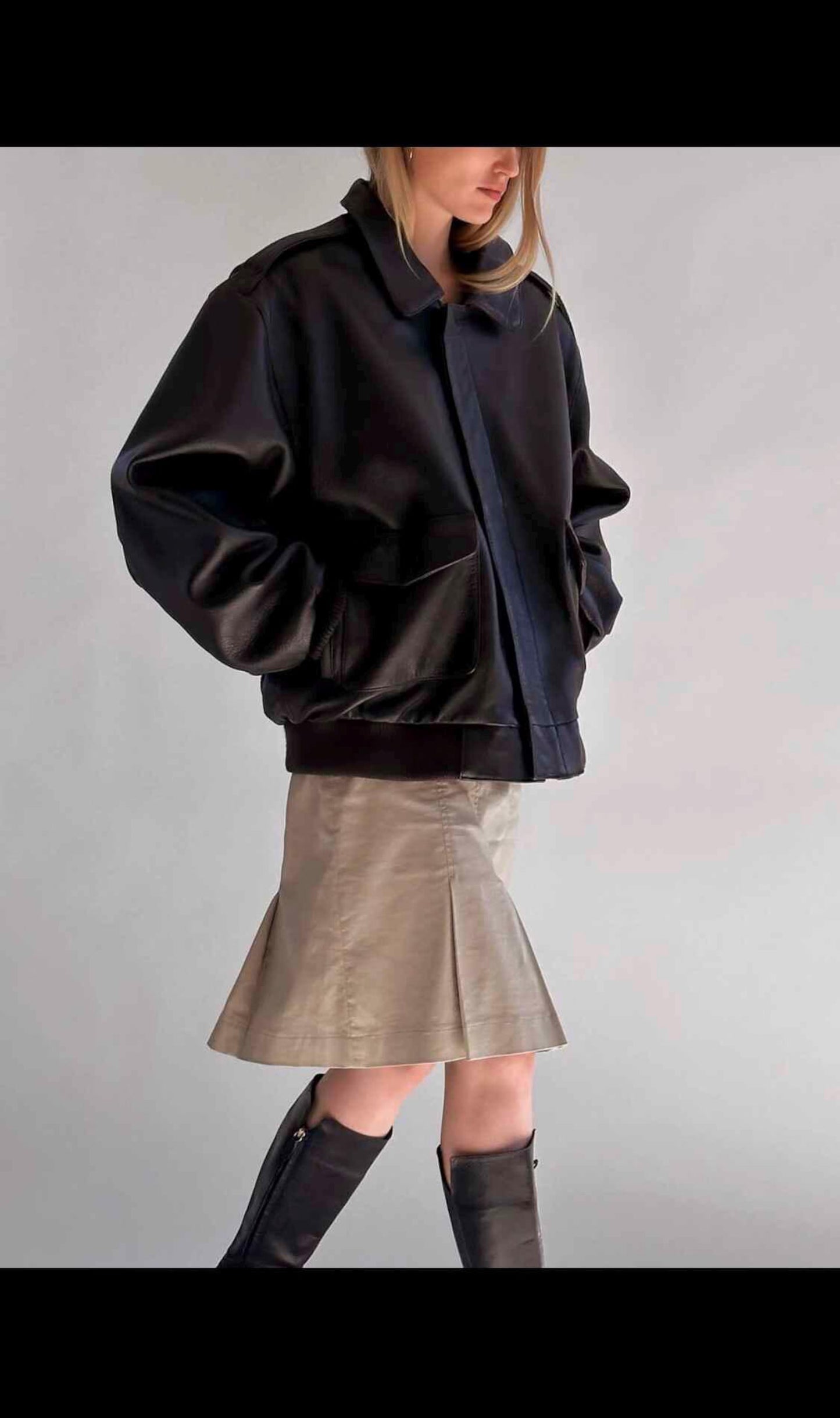 Oversized Black Leather Bomber Jacket: Women's Sheep Leather