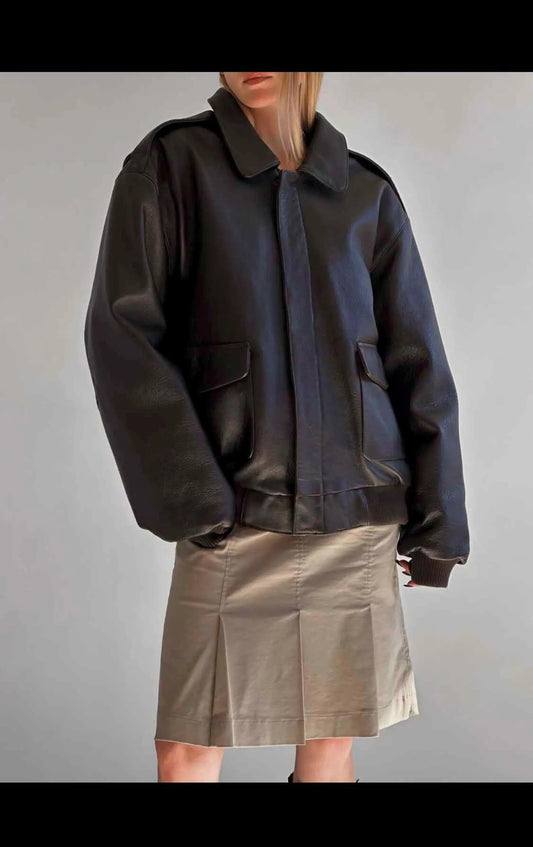Oversized Black Leather Bomber Jacket: Women's Sheep Leather