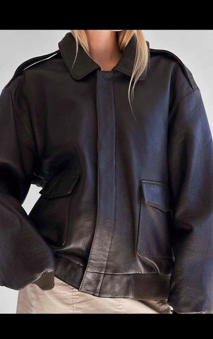Oversized Black Leather Bomber Jacket: Women's Sheep Leather
