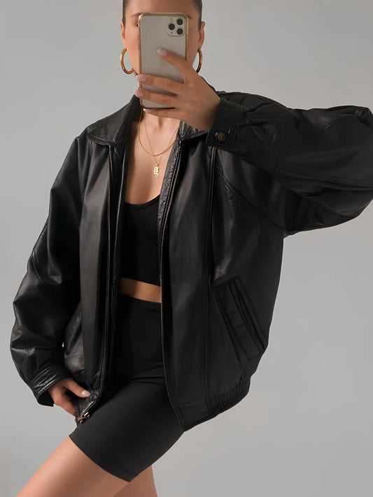Oversized Black Leather Bomber Jacket: Women's Full Grain Sheep Leather