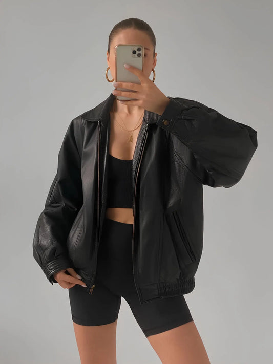 Oversized Black Leather Bomber Jacket: Women's Full Grain Sheep Leather