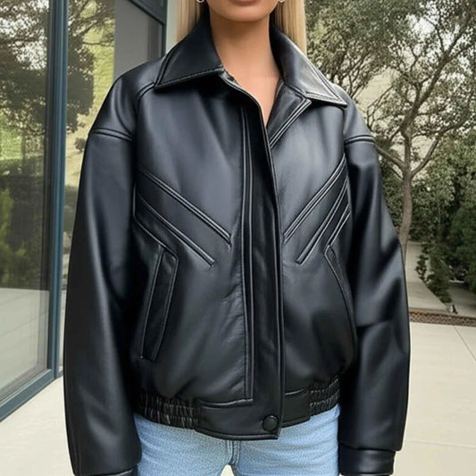 90s Oversized Leather Bomber Jacket: Women's Straight Cut Sheep Leather