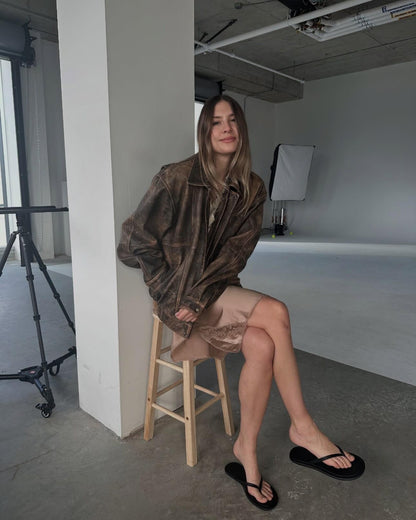 Oversized Brown Leather Patina Bomber Jacket: Women's 90s Retro Style