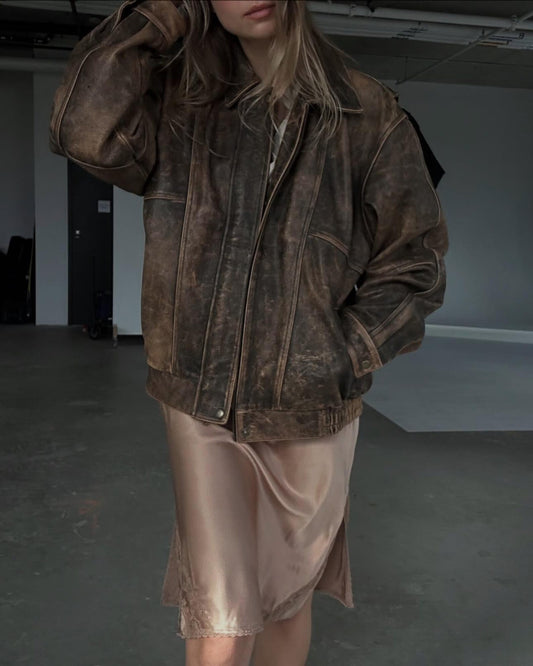 Oversized Brown Leather Patina Bomber Jacket: Women's 90s Retro Style