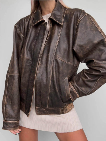 Oversized Brown Leather Patina Bomber Jacket: Women's 90s Retro Style