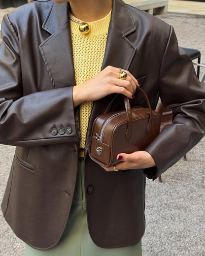 Women brown genuine sheepskin blazer coat, button closure