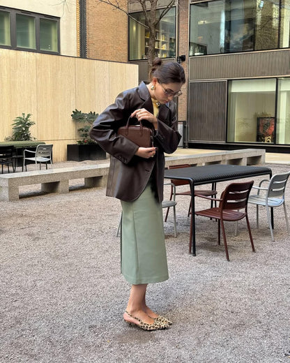 Women brown genuine sheepskin blazer coat, button closure