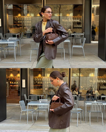 Women brown genuine sheepskin blazer coat, button closure