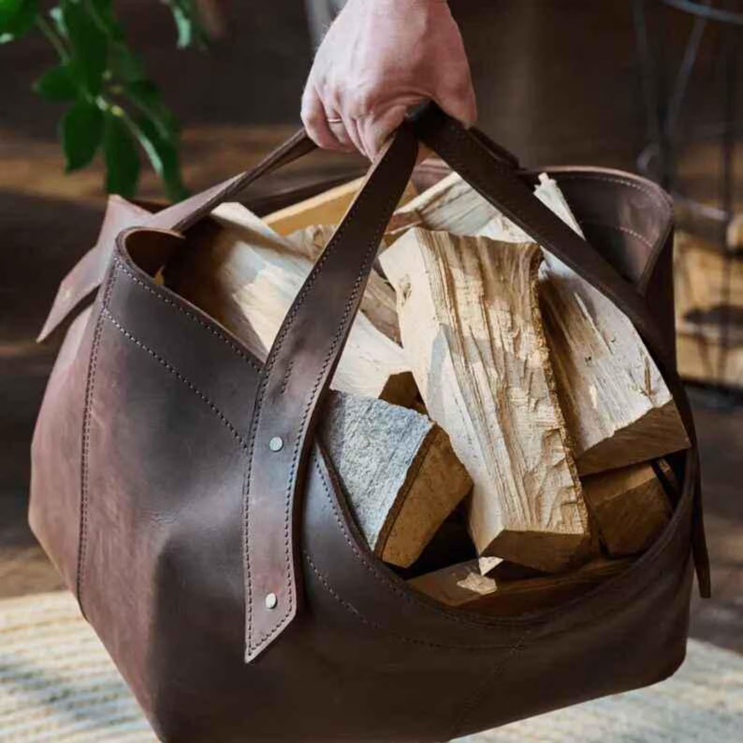 Personalized Leather Log Carrier | Brown Crazy Horse Tote Bag