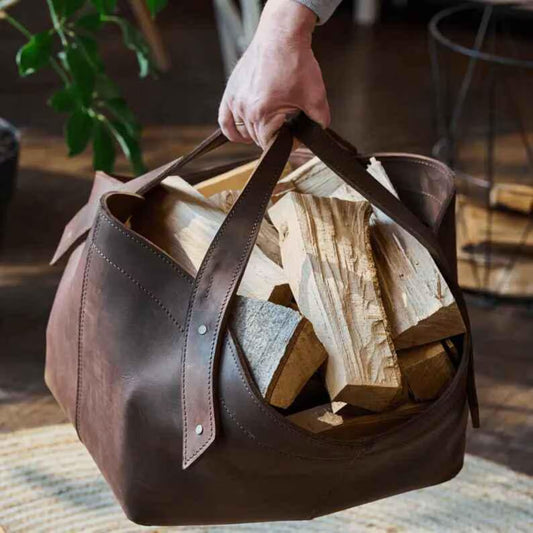 Personalized Leather Log Carrier | Brown Crazy Horse Tote Bag