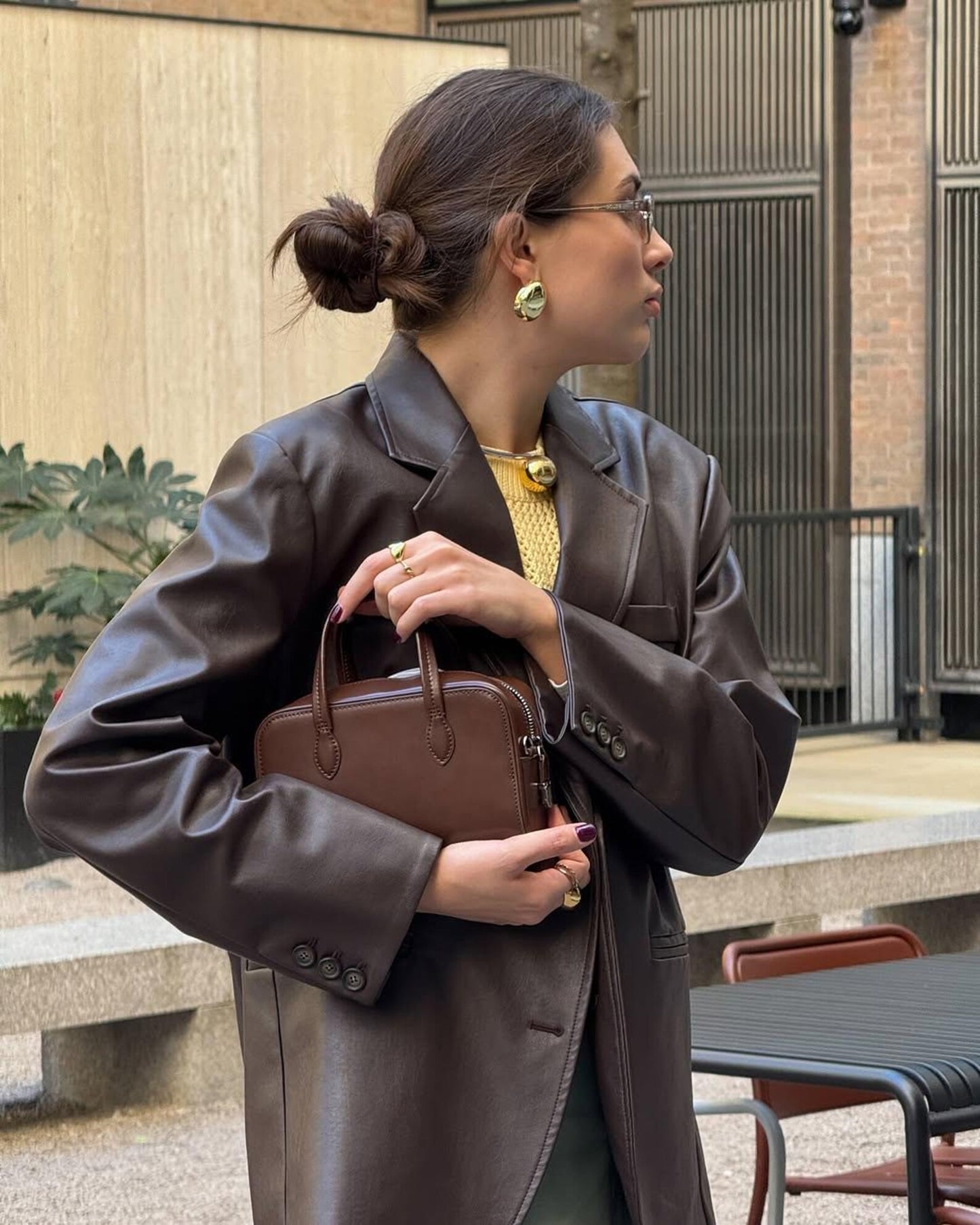 Women brown genuine sheepskin blazer coat, button closure