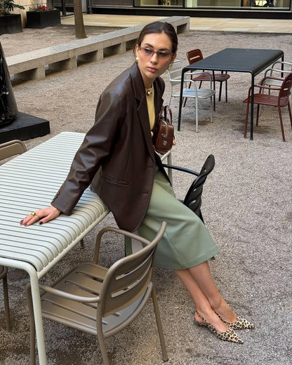 Women brown genuine sheepskin blazer coat, button closure