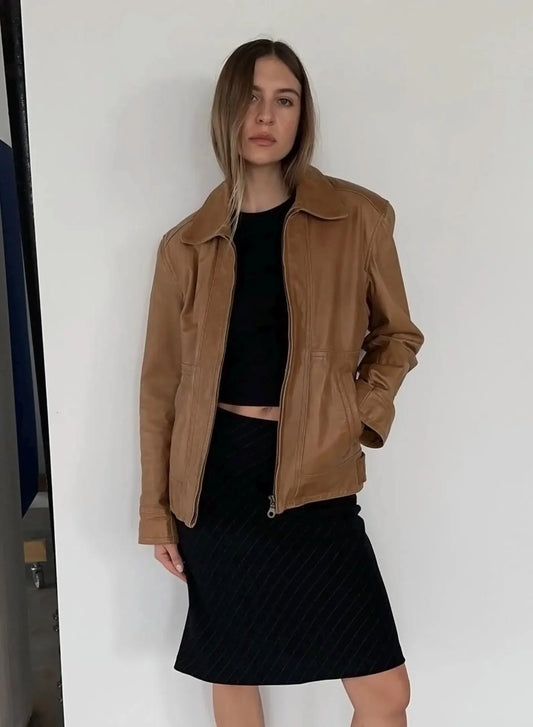 ladies Tan Leather Bomber Jacket: Women's Vintage Sheep Leather