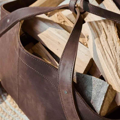 Personalized Leather Log Carrier | Brown Crazy Horse Tote Bag
